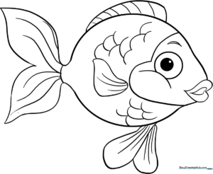 A friendly cartoon goldfish with large eyes and flowing fins, outlined in thick black lines for easy coloring by children.