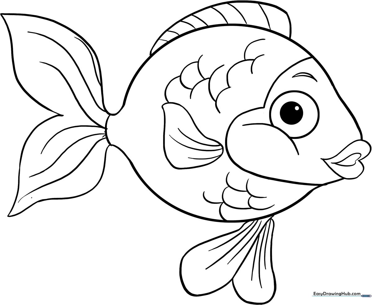 A friendly cartoon goldfish with large eyes and flowing fins, outlined in thick black lines for easy coloring by children.
