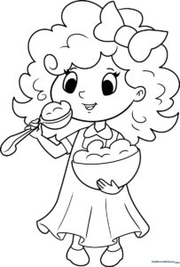 A clean, black-and-white line art illustration of Goldilocks with curly hair, designed for children to color with crayons or markers.