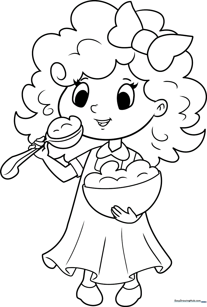A clean, black-and-white line art illustration of Goldilocks with curly hair, designed for children to color with crayons or markers.