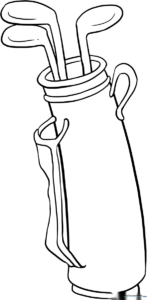 Printable coloring sheet of a golf bag filled with various clubs, featuring clear outlines for easy coloring and fine motor skill practice.