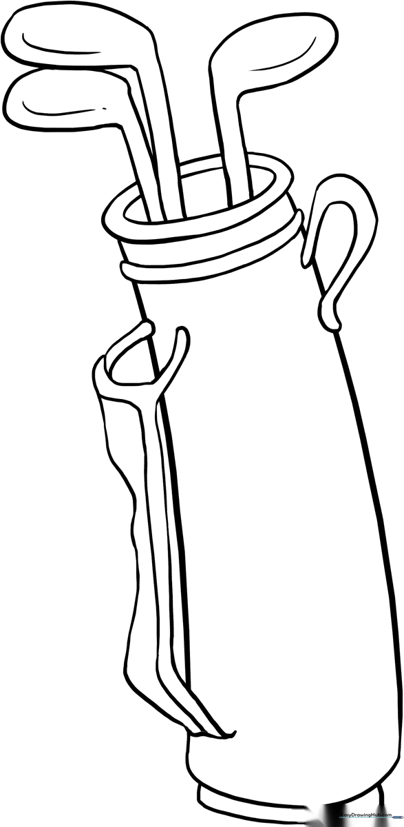 Printable coloring sheet of a golf bag filled with various clubs, featuring clear outlines for easy coloring and fine motor skill practice.