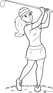 Line art illustration of a female golfer holding a club, ready for coloring with clear outlines for easy filling.