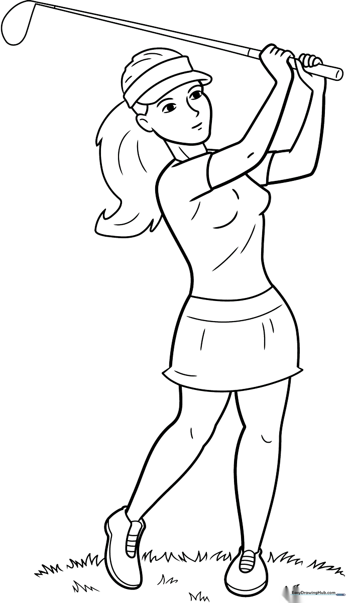 Line art illustration of a female golfer holding a club, ready for coloring with clear outlines for easy filling.
