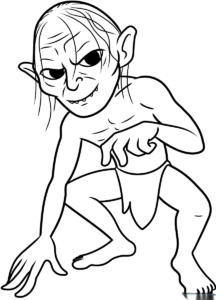 Detailed line art of Gollum for coloring, featuring expressive eyes and distinct character features on a clean white background.