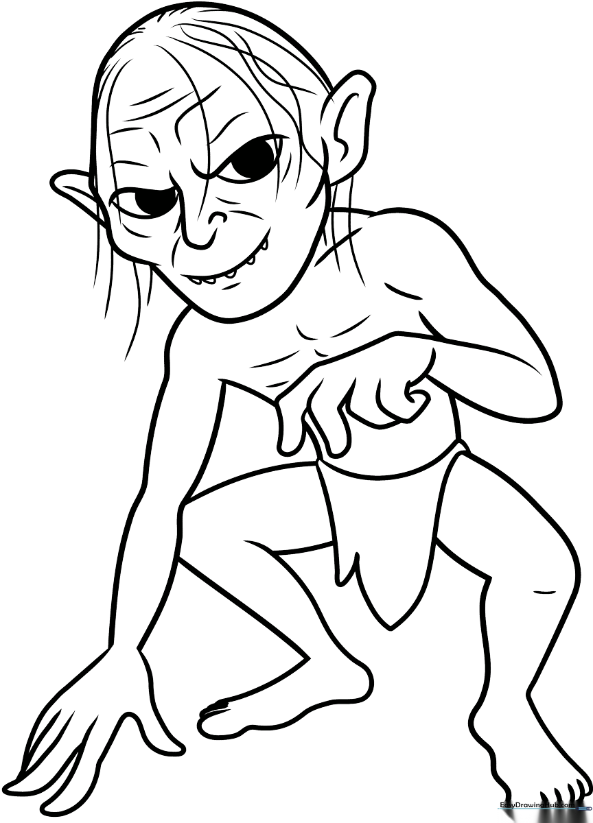 Detailed line art of Gollum for coloring, featuring expressive eyes and distinct character features on a clean white background.