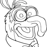 Black and white line art of The Great Gonzo from The Muppet Show, featuring his signature long nose and expressive eyes, ready for coloring.