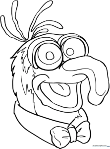 Black and white line art of The Great Gonzo from The Muppet Show, featuring his signature long nose and expressive eyes, ready for coloring.