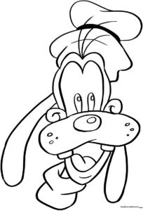 Black and white line art of Goofy standing, designed as a printable coloring page for children to fill with color.