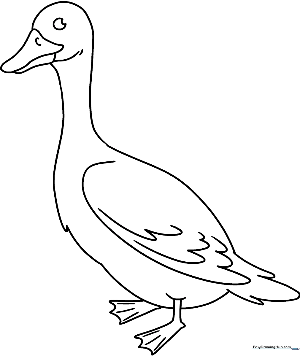 A clean, black-and-white line art illustration of a friendly cartoon goose with a long neck and rounded wings, perfect for children to color.