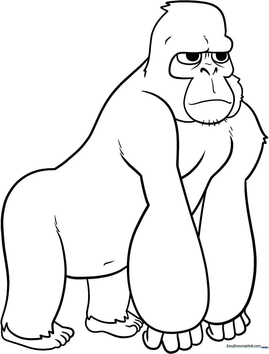 Black and white line art of a friendly cartoon gorilla sitting down, featuring clear outlines for easy coloring by children.
