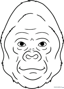 Black and white line art of a friendly gorilla face with prominent brow ridges and nostrils, ready for coloring.