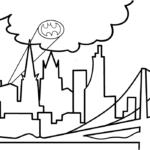 Black and white line art of a Gotham City skyline with varied skyscraper heights and architectural details, ready for coloring.