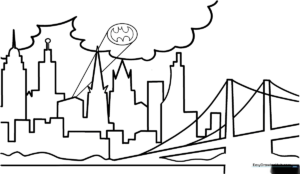 Black and white line art of a Gotham City skyline with varied skyscraper heights and architectural details, ready for coloring.
