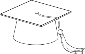 Line art illustration of a graduation mortarboard cap with a dangling tassel, featuring thick outlines for easy coloring by young children.
