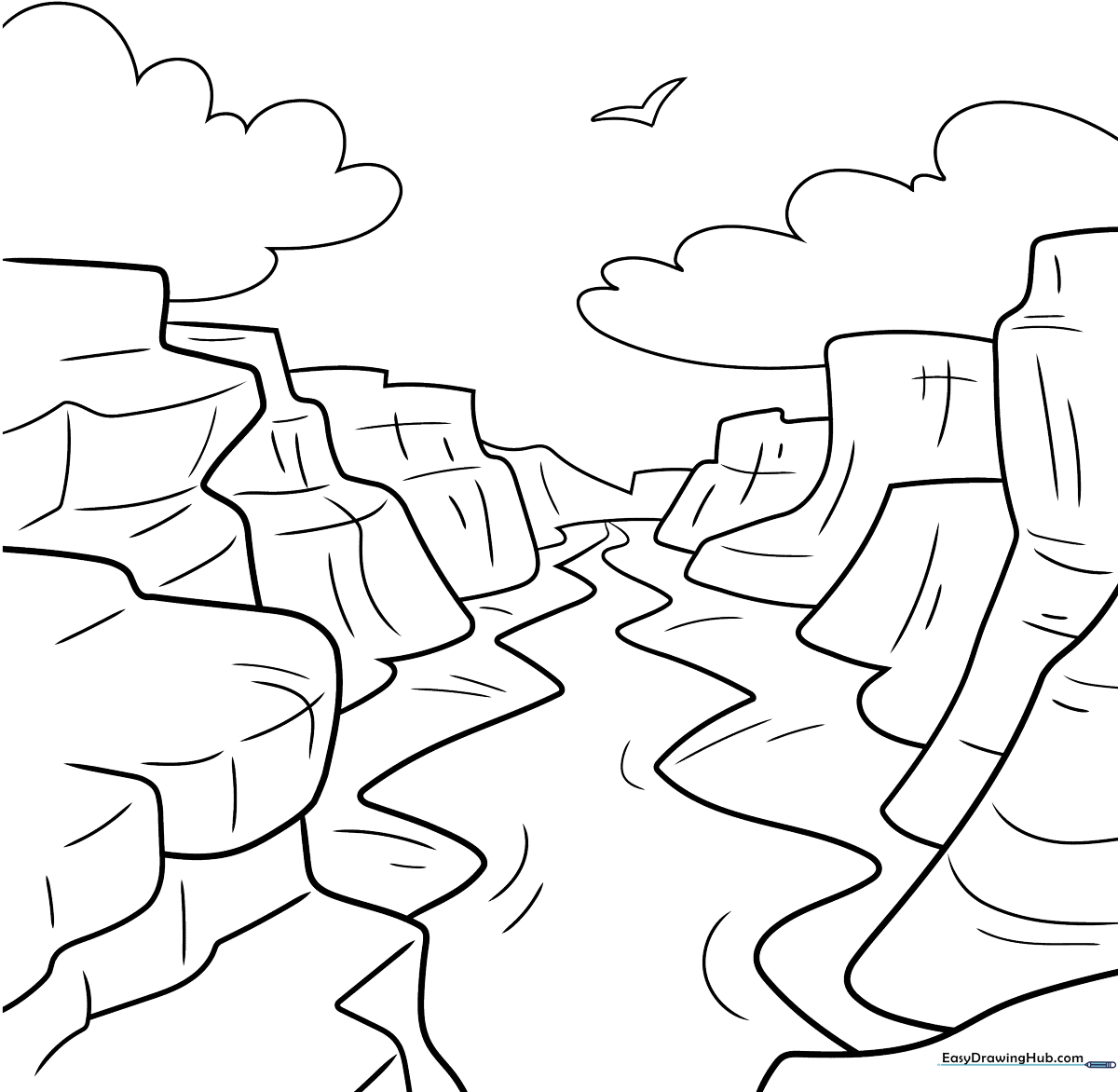 Black and white line art of the Grand Canyon featuring layered rock formations and desert landscape for kids to color.