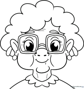 Black and white line art of a friendly Grandma face with glasses and a kind smile, ready for coloring.
