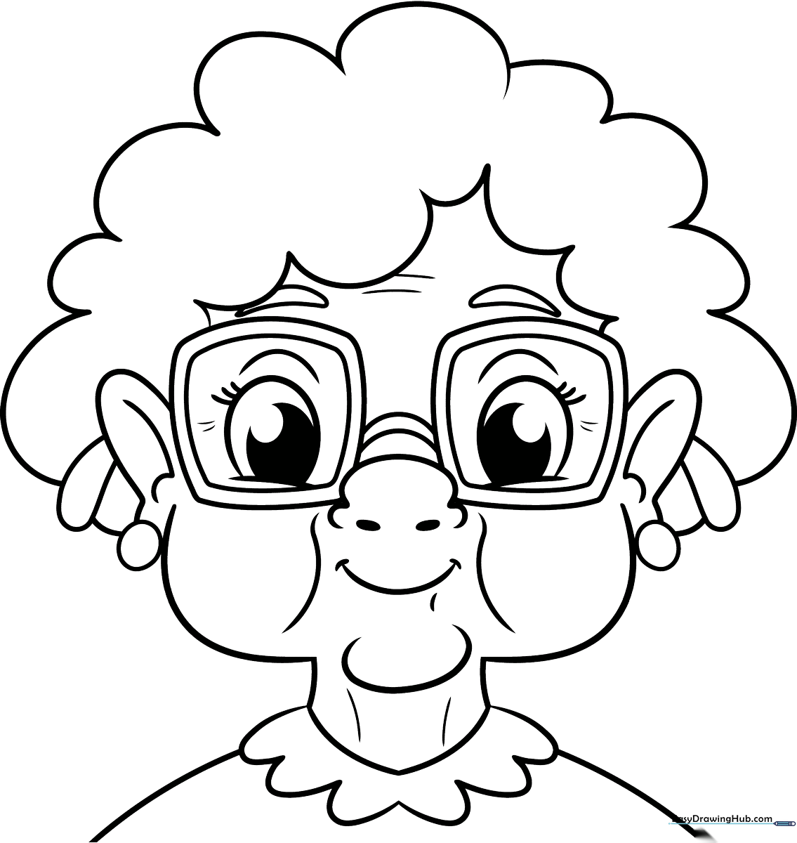 Black and white line art of a friendly Grandma face with glasses and a kind smile, ready for coloring.