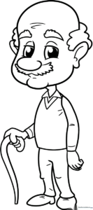 Line art illustration of a smiling grandfather wearing glasses and a sweater, ready for children to color.
