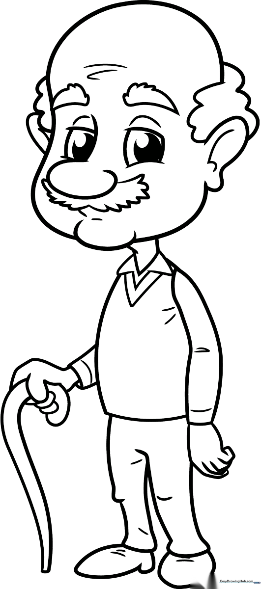 Line art illustration of a smiling grandfather wearing glasses and a sweater, ready for children to color.