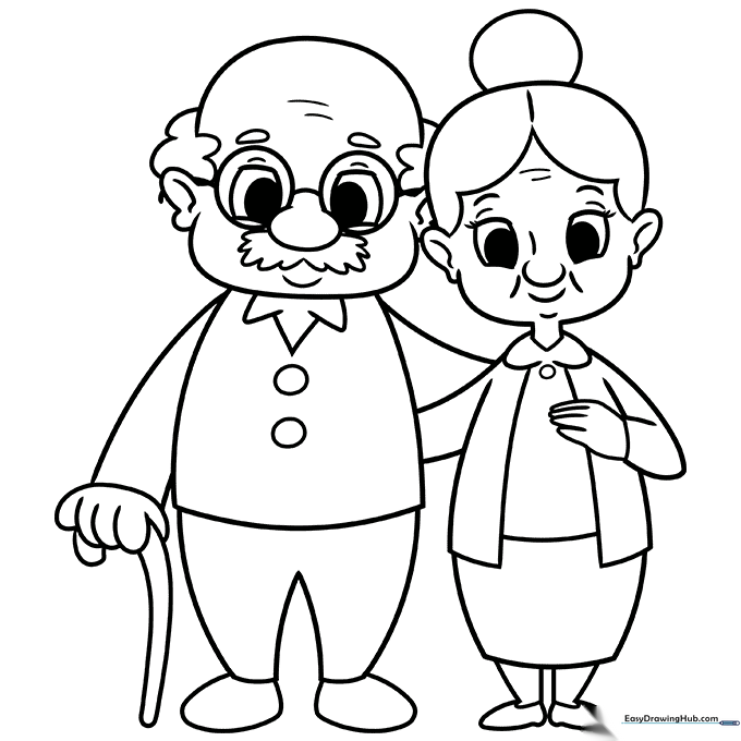 Line art illustration of a smiling elderly couple standing side-by-side, designed for children to color with markers or crayons.