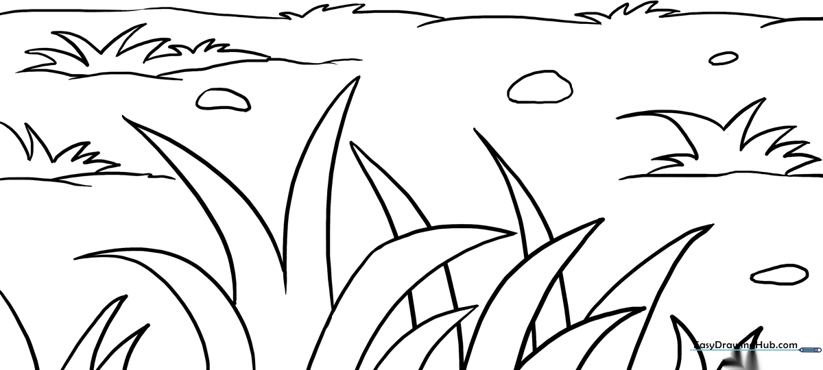 Black and white line art of a patch of grass with varied blade heights, designed for children to color and practice fine motor skills.