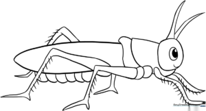 Black and white line art of a grasshopper with large hind legs and long antennae, designed for children to color.