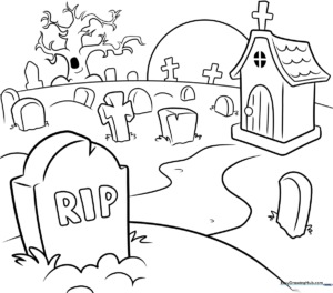 Black and white line art of a cartoon graveyard featuring weathered tombstones, a wrought iron fence, and a spooky night sky background.