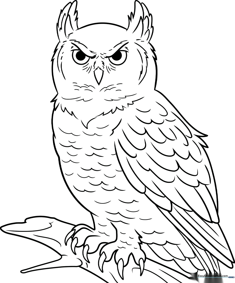 Black and white line art of a Great Horned Owl with prominent ear tufts, large eyes, and detailed feather patterns ready for coloring.