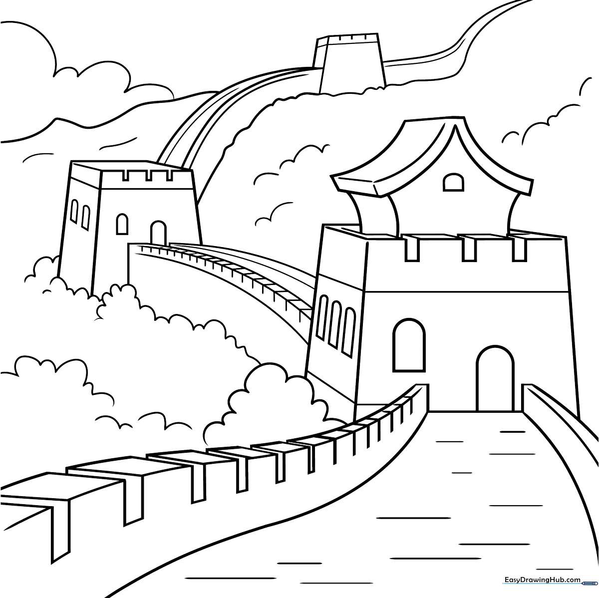 Black and white line art of the Great Wall of China featuring winding stone battlements and mountain scenery for children to color.