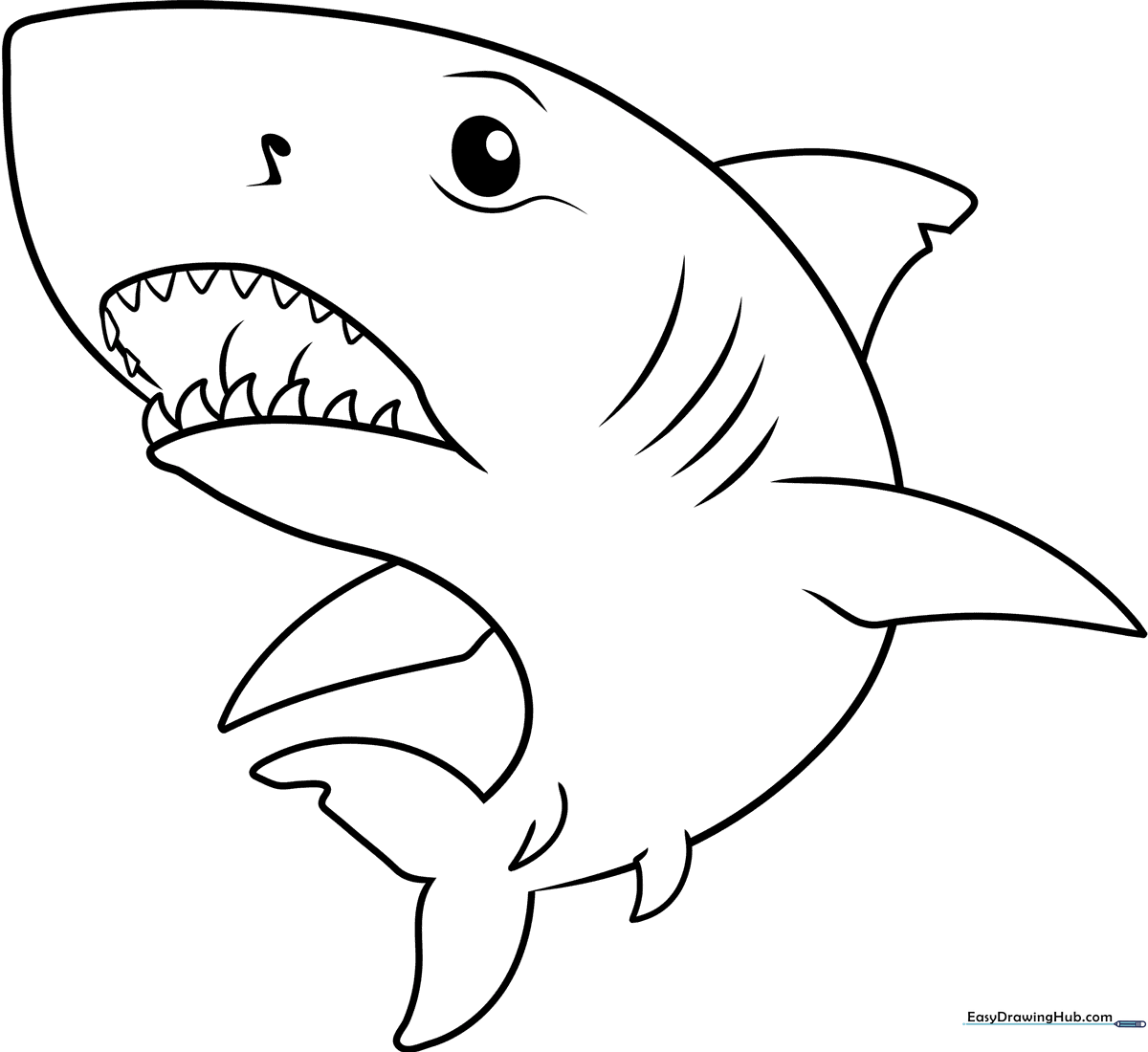 A friendly cartoon Great White Shark with a wide smile, featuring thick, clean outlines perfect for young children to color.