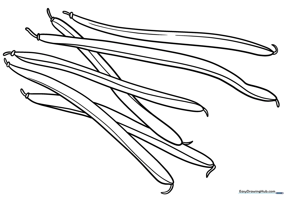 Black and white line art of a cluster of fresh green beans with a smiling cartoon face, ready for children to color.