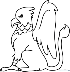 Line art illustration of a friendly Griffin with eagle wings and a lion body, ready for children to color with crayons or markers.