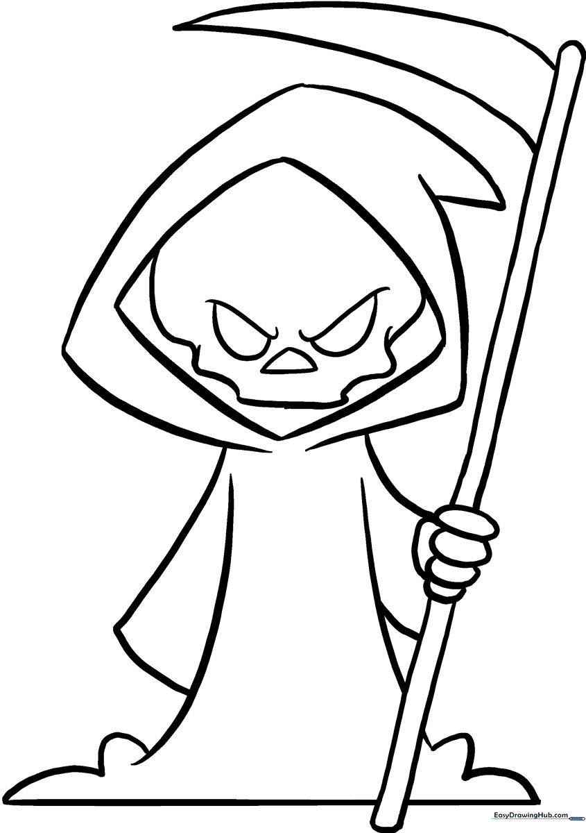 Black and white line art of a friendly-style Grim Reaper character, featuring a hooded cloak and scythe, ready for coloring.