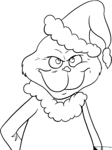 Black and white line art of the Grinch with a mischievous smile, designed for children to color with crayons or markers.