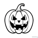 A friendly jack-o'-lantern with a wide, toothy grin and triangular eyes, outlined in bold black lines on a white background for easy coloring.