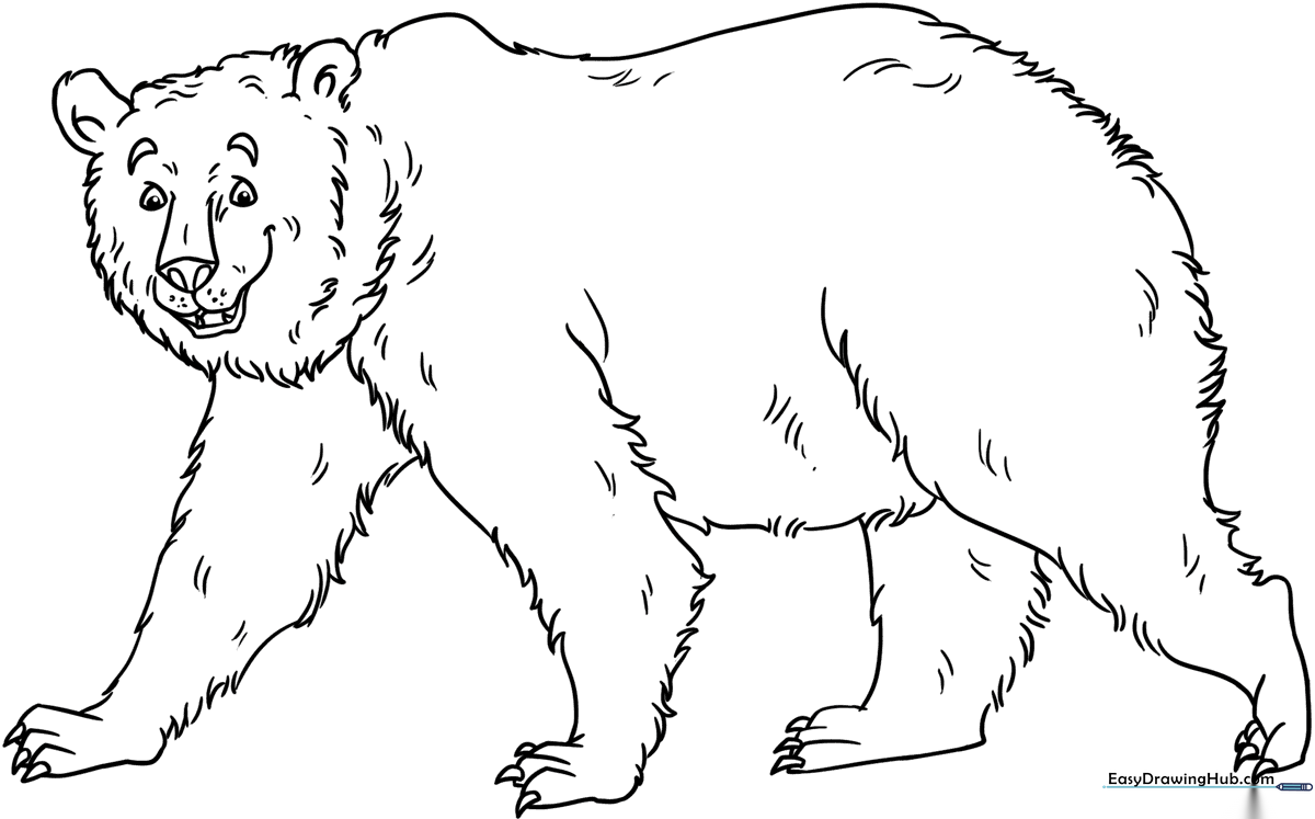 Black and white line art of a friendly grizzly bear standing, featuring clear outlines for children to color.