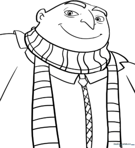 Black and white line art of Gru from Despicable Me, featuring his long nose, scarf, and suit, designed for children to color.