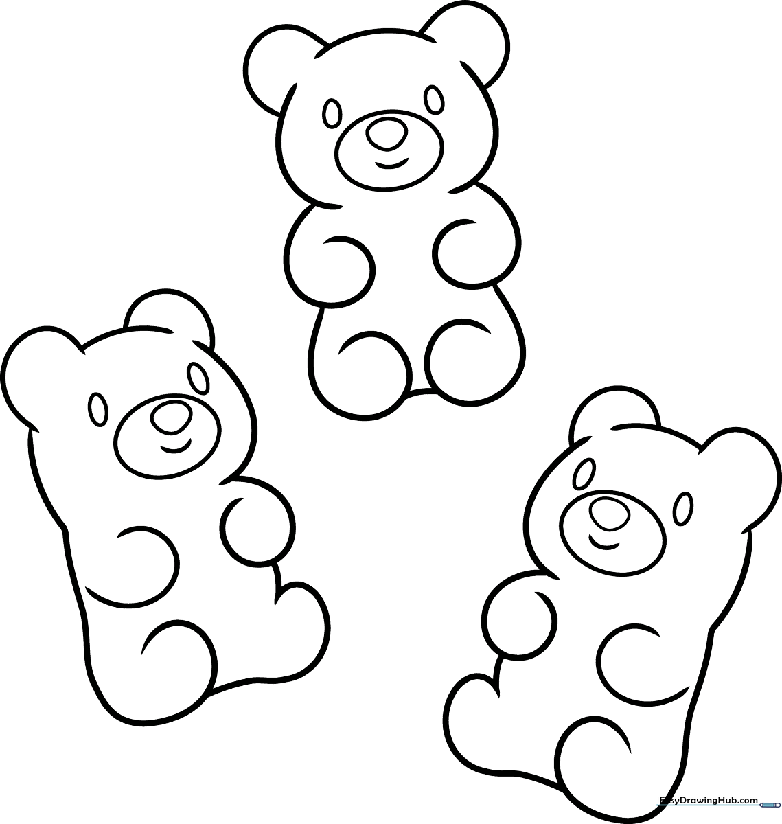 A friendly cartoon gummy bear with rounded ears and a smiling face, outlined in thick black lines for easy coloring by children.