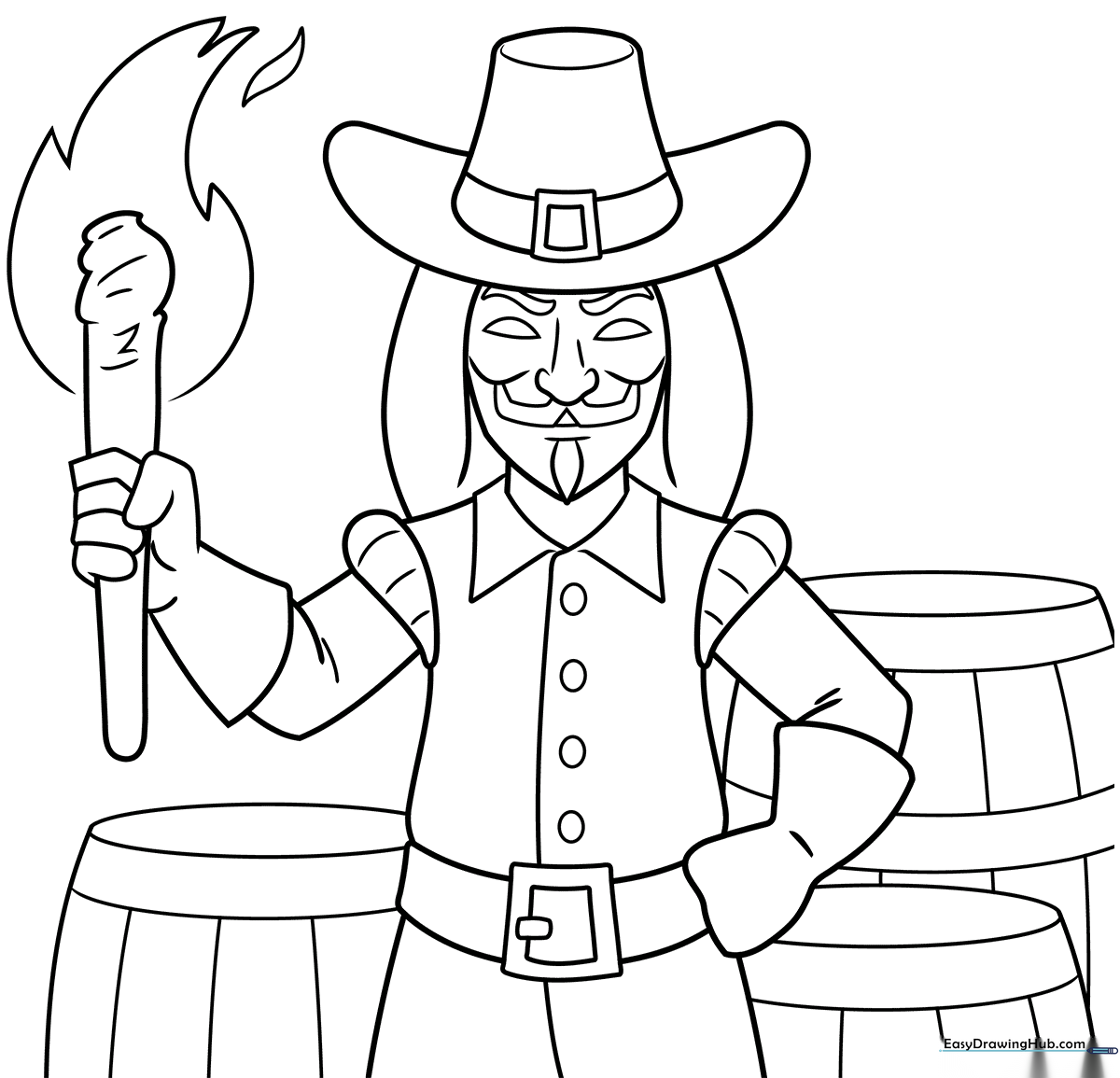 Black and white line art illustration of Guy Fawkes featuring a wide-brimmed hat and period clothing, designed for children to color.