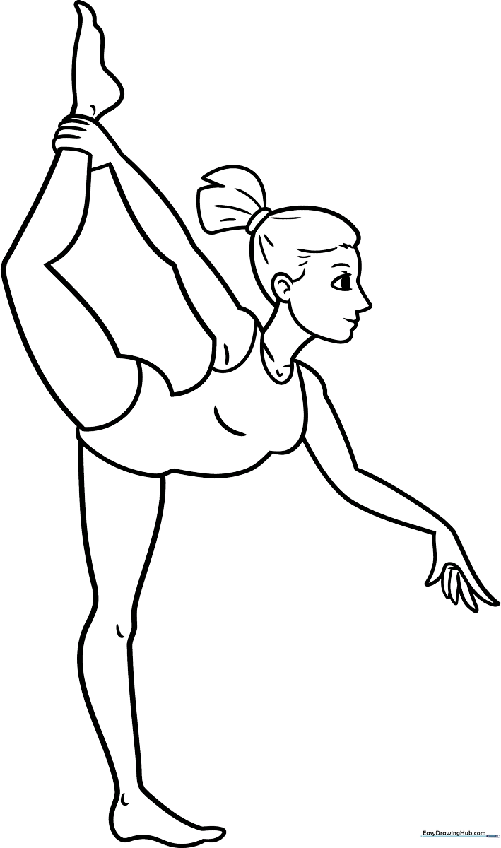A clean line-art illustration of a gymnast in a graceful pose, featuring clear outlines for easy coloring and artistic practice.