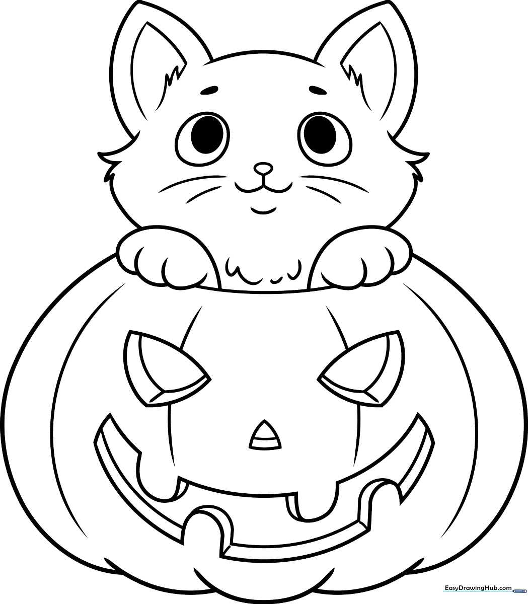 A friendly cartoon Halloween cat with large expressive eyes, perfect for children to color with markers or crayons.