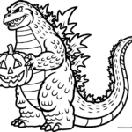 Black and white line art of a friendly Godzilla character wearing a Halloween costume, featuring clean outlines perfect for coloring with markers or crayons.