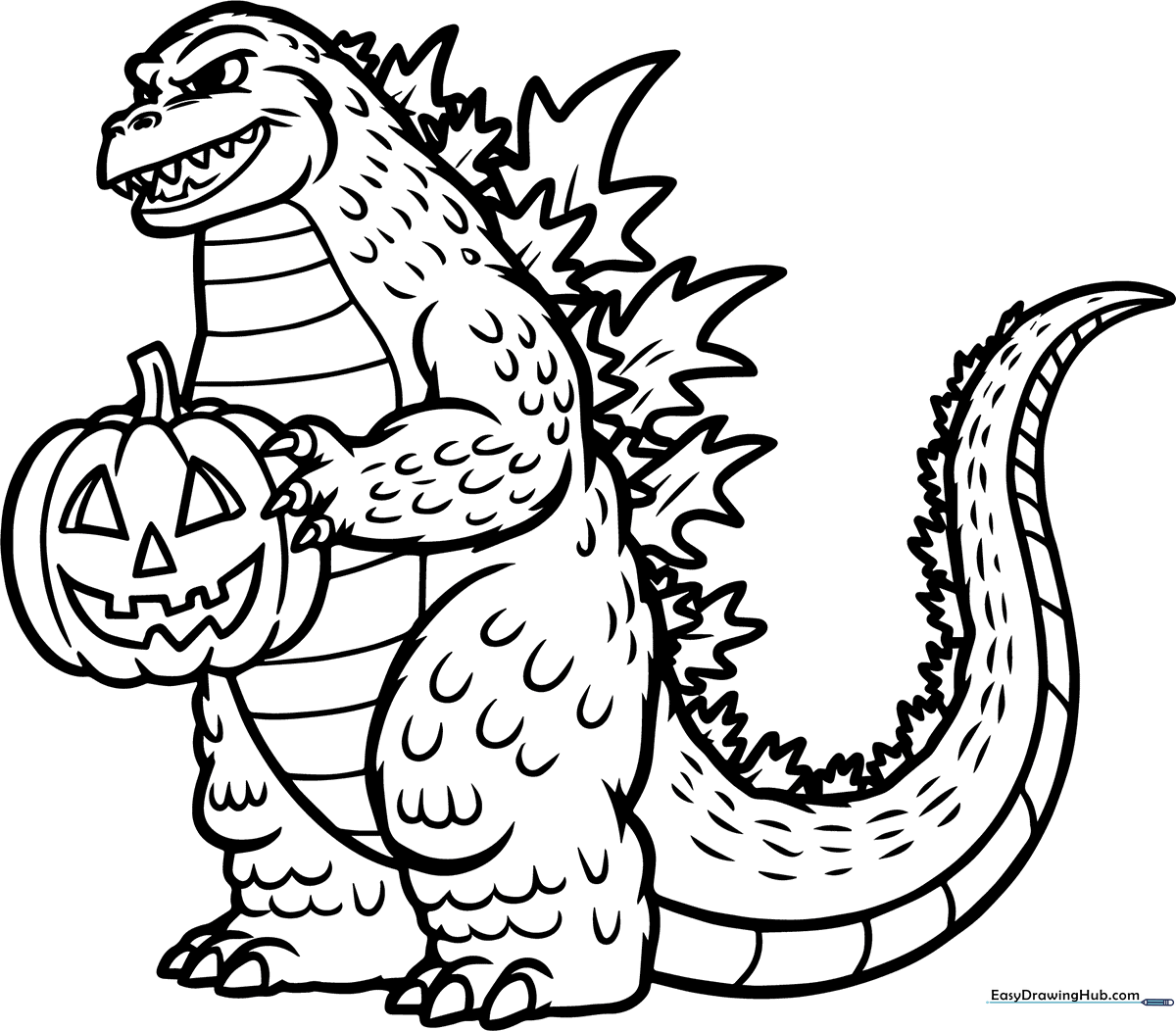 Black and white line art of a friendly Godzilla character wearing a Halloween costume, featuring clean outlines perfect for coloring with markers or crayons.