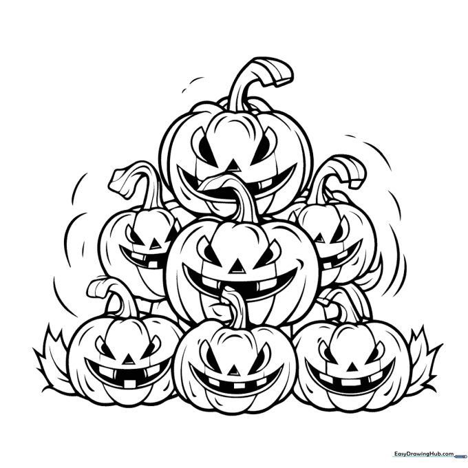 Black and white line art of a stack of three pumpkins with stems and leaves, designed for children to color with markers or crayons.