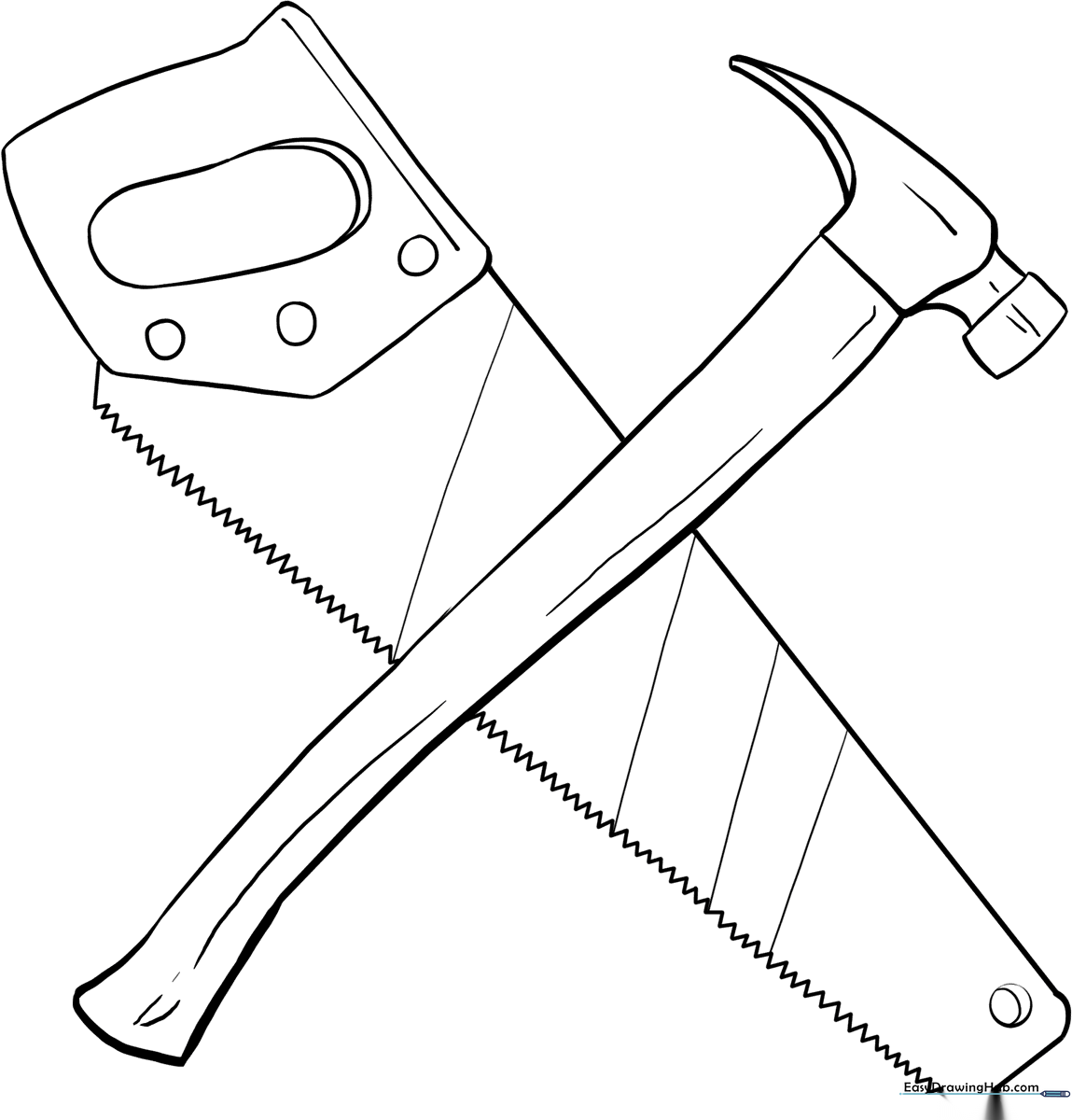 Black and white line art of a carpenter's hammer and a hand saw, designed for children to color with clear, thick outlines.