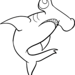 A friendly cartoon hammerhead shark with a wide, flat head and a smiling expression, outlined for children to color.
