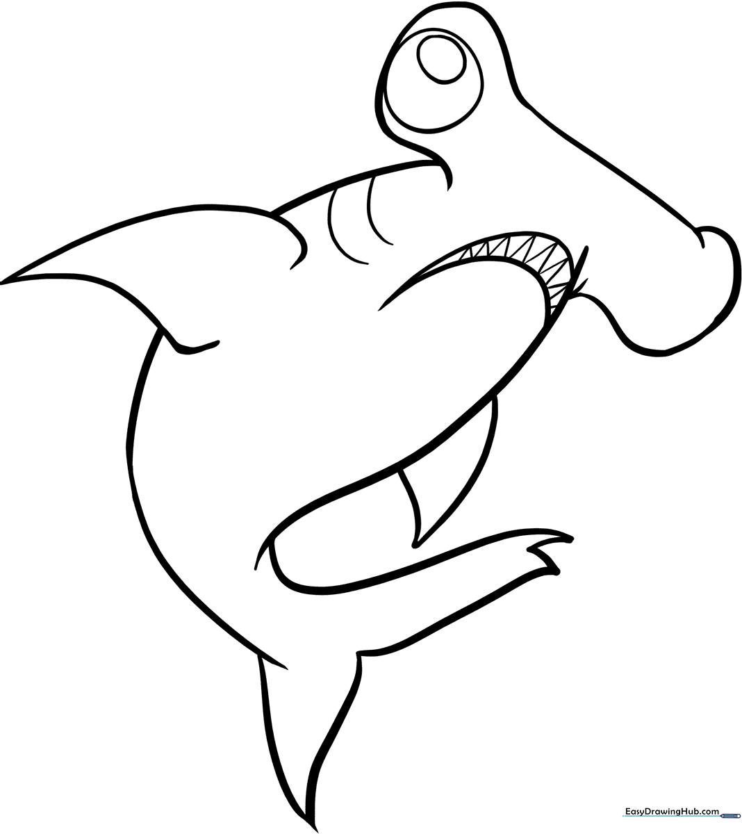 A friendly cartoon hammerhead shark with a wide, flat head and a smiling expression, outlined for children to color.
