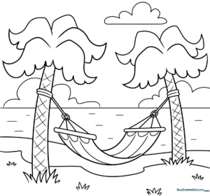 Black and white line art of a hammock suspended between two trees, featuring clear outlines for easy coloring by children.