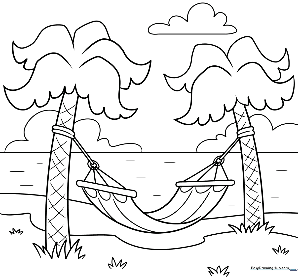 Black and white line art of a hammock suspended between two trees, featuring clear outlines for easy coloring by children.
